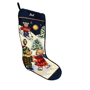 Vintage Needlepoint Christmas Stocking Teddy Bears Skiing Dad Blue Velvet